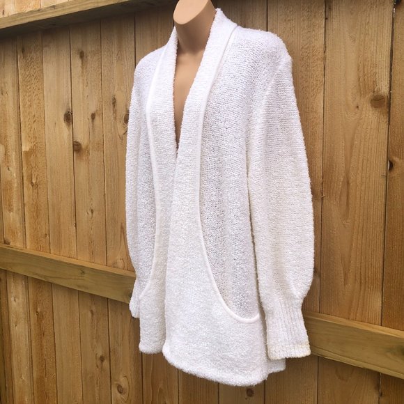 Vintage 90s Sideffects Open Cardigan Sweater Lagenlook Acrylic Ivory Boucle Knit - Picture 2 of 6